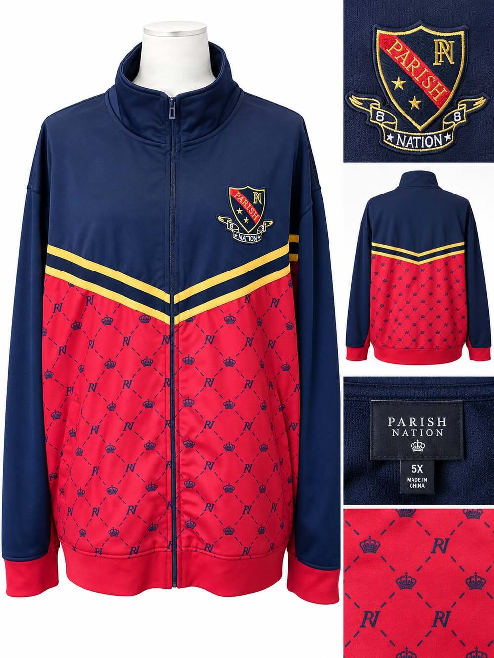 Parish Nation Full Zip Y2K Jacket Red Navy Blue Crown Logo streetwear